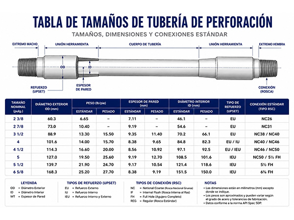 Tabla de Medidas de Tubería de Perforación | Tamaños Estándar de Drill Pipe