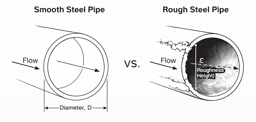 Ilustración de la rugosidad absoluta (ε) en tuberías lisas y rugosas.