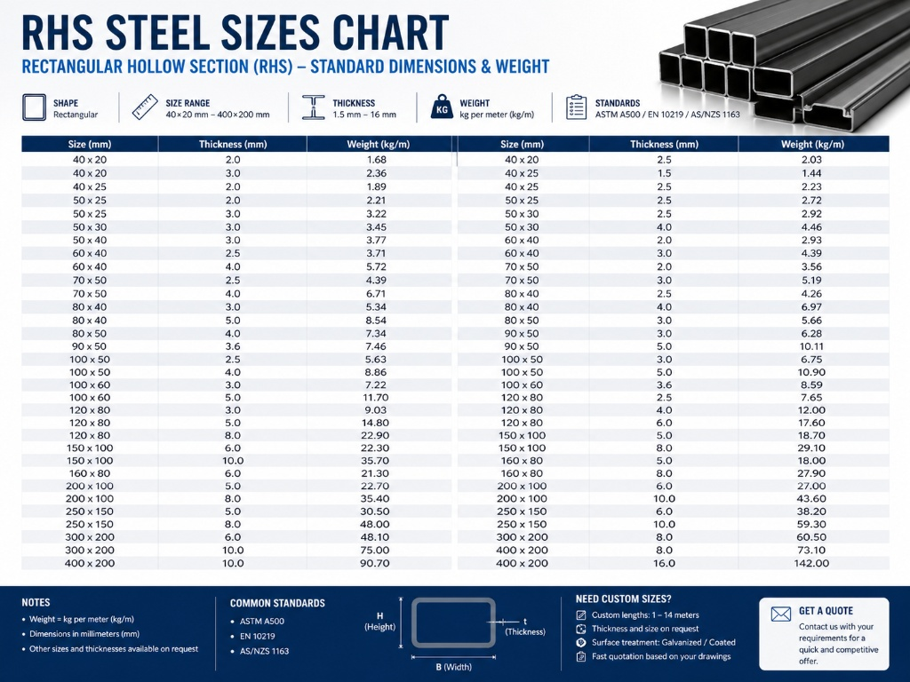 RHS Steel Sizes Chart (kg/m)