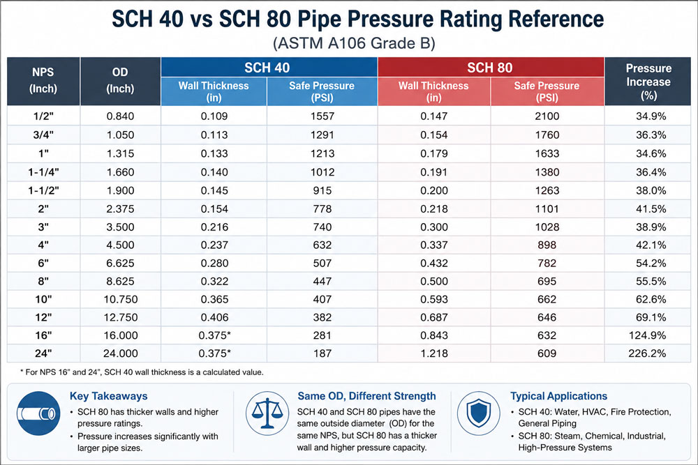 SCH 40 vs SCH 80 pipe pressure rating comparison chart based on ASTM A106 Grade B