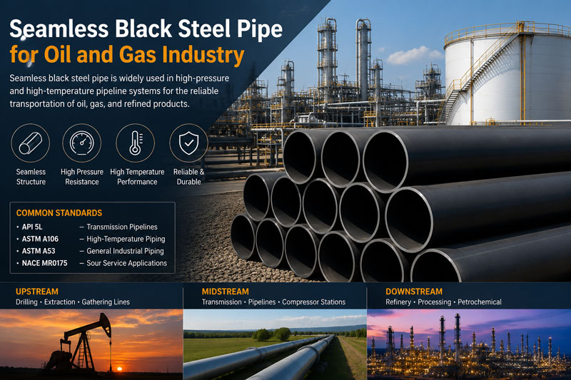 Tubo de acero negro sin costura para la industria del petróleo y gas