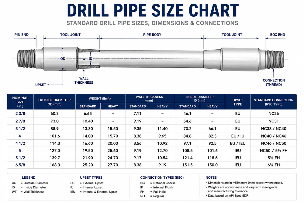 drill pipe size chart (common sizes)