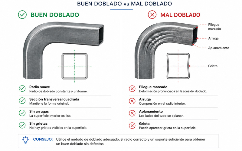 Buen y mal doblado de un tubo cuadrado