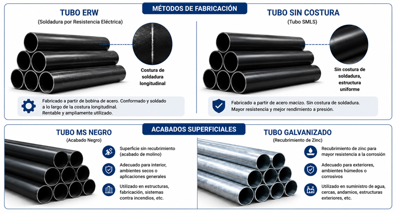 Tipos de tubería de acero dulce: ERW, sin costura, negra y galvanizada