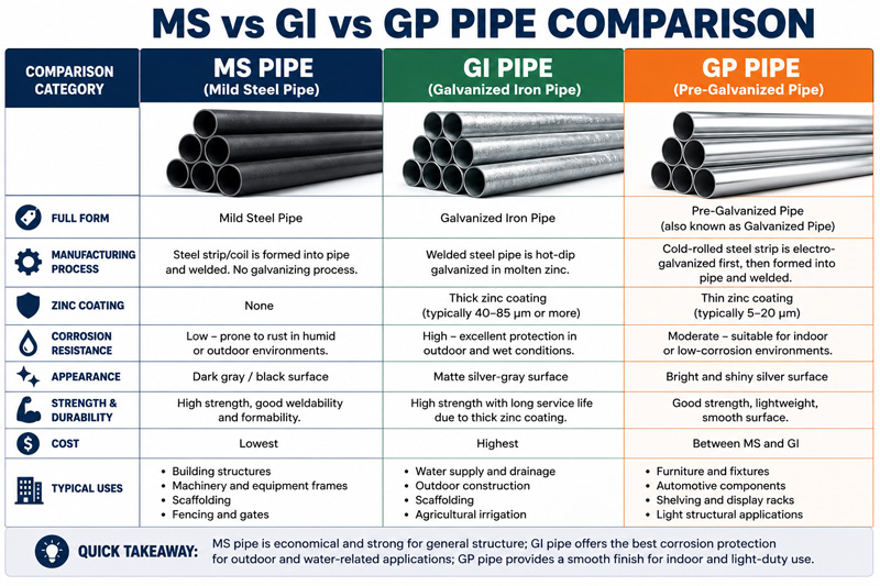 MS Pipe, GI Pipe and GP Pipe