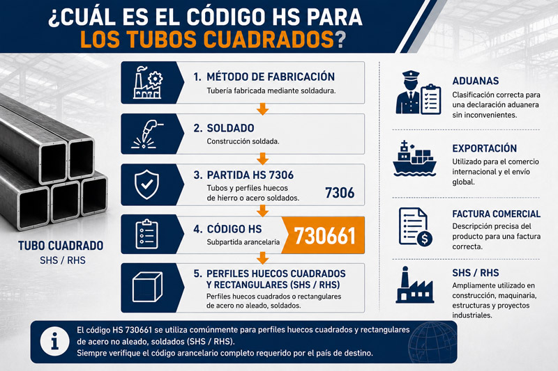 ¿Cuál es el código HS del tubo cuadrado?