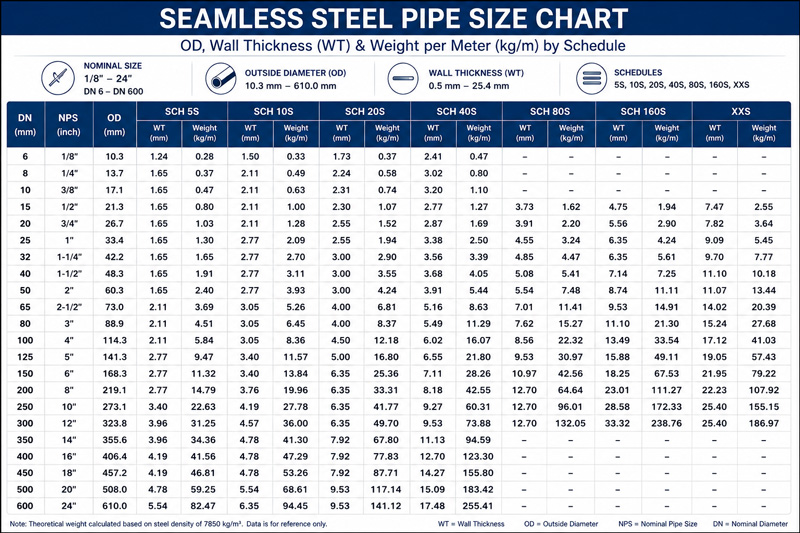 Seamless Steel Pipe Size Chart – OD, Wall Thickness & Schedule
