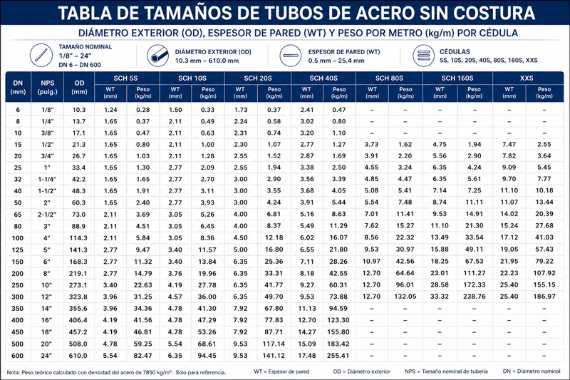 Tabla de medidas de tuberías de acero sin soldadura